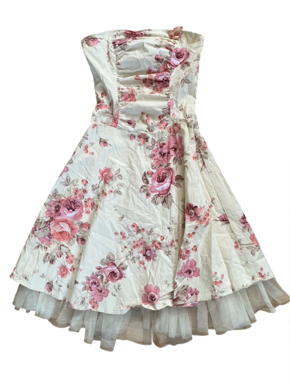 Vintage Y2K Ruby Rox Made in USA Floral Strapless A-Line Cotton Tulle Midi Dress